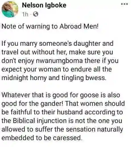 Make Sure You Are Not Cheating If You Expect Your Wife To Remain Faithful - Nigerian Man Tells 'Abroad Men' Who Travel Out Without Their Wives