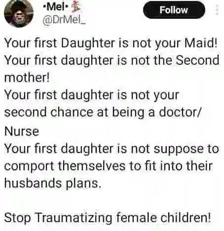 Your First Daughter Is Not Your Maid - Nigerian Doctor Warns Parents To Stop 'Traumatizing' Female Children