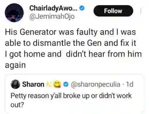 Nigerian Lady Says Her Man Broke Up With Her After She 'Dismantled' And Fixed His Faulty Generator