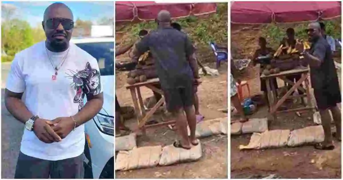 Video Shows Jim Iyke Buying Corn From Roadside Vendor With Armed Security on Standby