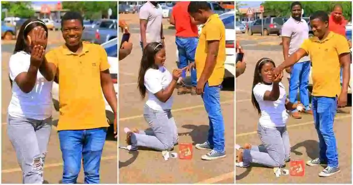 Bold Lady Kneels with Ring in Public as She Proposes to Her Boyfriend, Photos Emerge