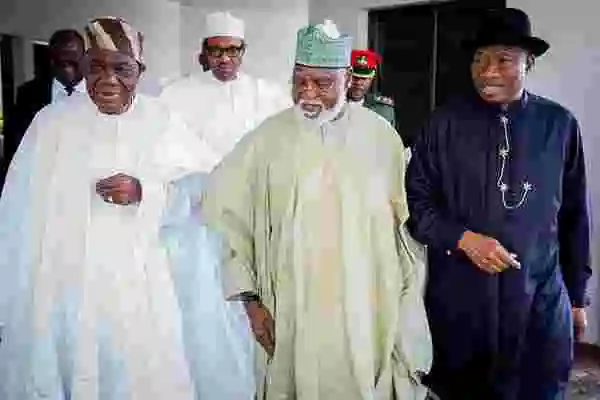 Insecurity: President Buhari in a closed door meeting with Goodluck Jonathan, Obasanjo, other former leaders