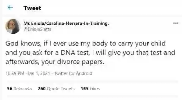 If my husband asks for DNA test after giving birth, I'll give him the test and divorce him - Nigerian lady says