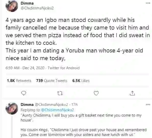 Nigerian lady recounts how an Igbo man she was dating stood cowardly while his family cancelled her because when they came to visit him she served them pizza