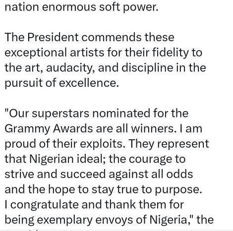 We Are Proud Of You - President Tinubu Encourages Nigerian Grammy Nominees After Loss At The Award Ceremony