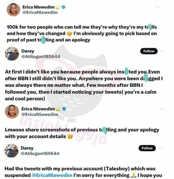 BBNaija's Erica Nlewedim Rewards Man Who Apologized For Trolling Her