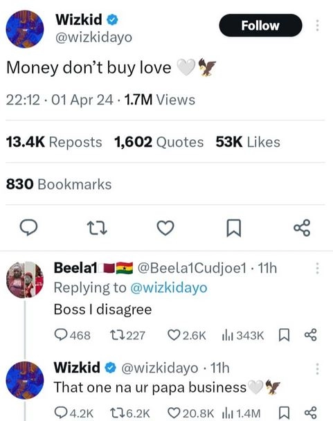 Na Your Papa Business - Wizkid Replies Fan Who Disagreed With Him About Money And Love