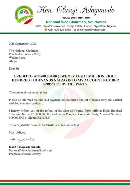 Alleged Bribe: PDP NWC Members return N122.4m To The Party, Claim It Was Paid Into Their Accounts Without Their Knowledge