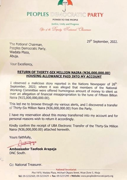 Alleged Bribe: PDP NWC Members return N122.4m To The Party, Claim It Was Paid Into Their Accounts Without Their Knowledge