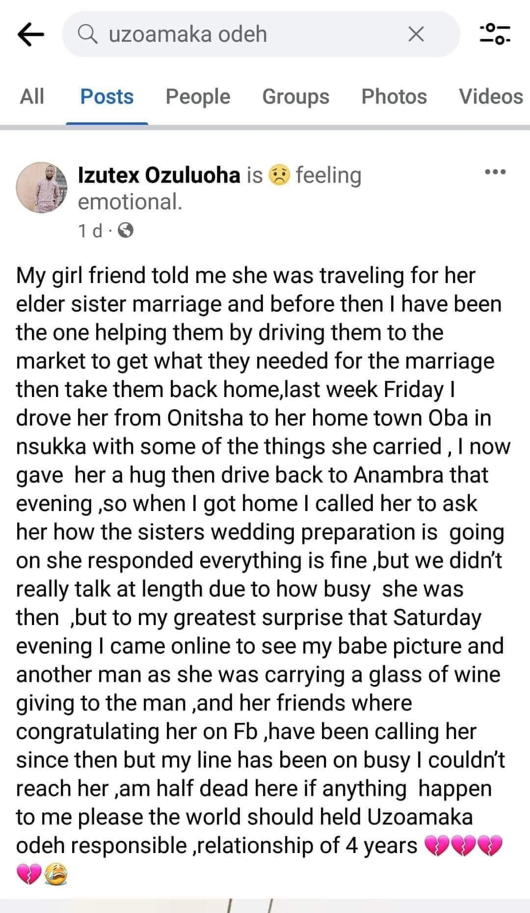 Sad; Man Finds Out His Girlfriend Of 4 Years Just Got Married After Seeing Her Photos On Facebook