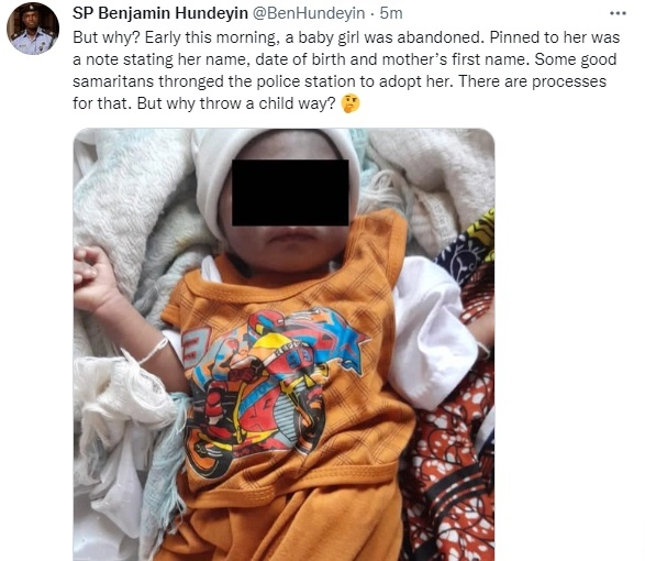 Baby Dumped And A Note Dropped By Her Side In Lagos (Photo)