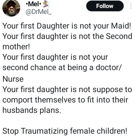 Your First Daughter Is Not Your Maid - Nigerian Doctor Warns Parents To Stop 'Traumatizing' Female Children