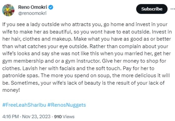 Sometimes, Your Wife's Lack Of Beauty Is The Result Of Your Lack Of Money - Reno Omokri Tells Men