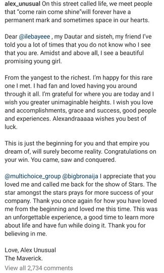 BBNaija All Stars: From The Youngest To The Richest, I Wish You Greater Heights - Alex Unusual Pens Open Letter To Ilebaye (Read)
