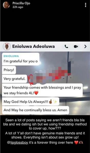 A Lot Of You Don’t Have Genuine Male Friends – Priscilla Ojo Denies Dating Enioluwa, Shares Evidence