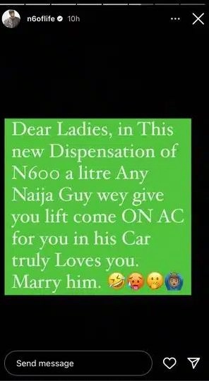 Fuel Subsidy: Marry Him If He Gives You Lift And Puts On AC For You – N6 Advises Ladies