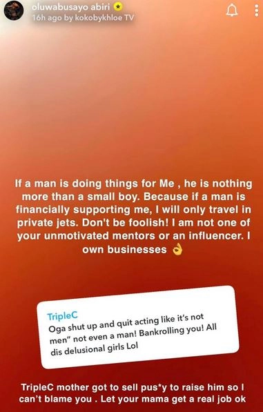 I Own Businesses - BBNaija's Khloe Fires Back At Troll Who Said Her Lifestyle Is Being Bankrolled By Men