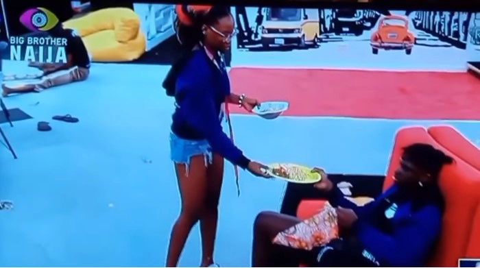 #BBNaija: Moment Bryann Looked At Ilebaye Suspiciously As She Gives Him Food After Their Fight (Video)